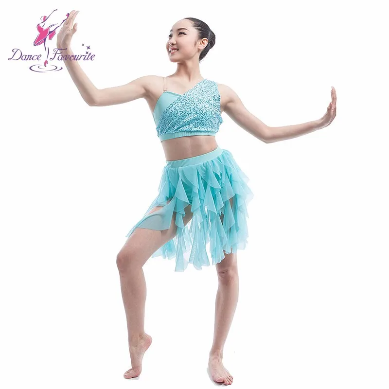 Mädchen Neckholder Paillette Kleid Rückenfrei Tanz Kostüm mit Asymetrischer Rock 